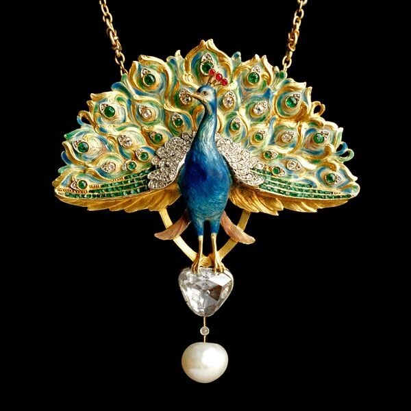 Peacock pendant in gold with diamond, rubies, emeralds and enamel, Leopold van Strydonck (Belgian court jeweler), Belgium, circa 1900.