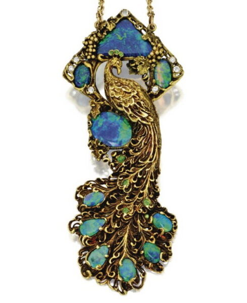 Peacock pendant in gold with diamonds, opals and demantoid garnets, Walton & Co., circa 1900.