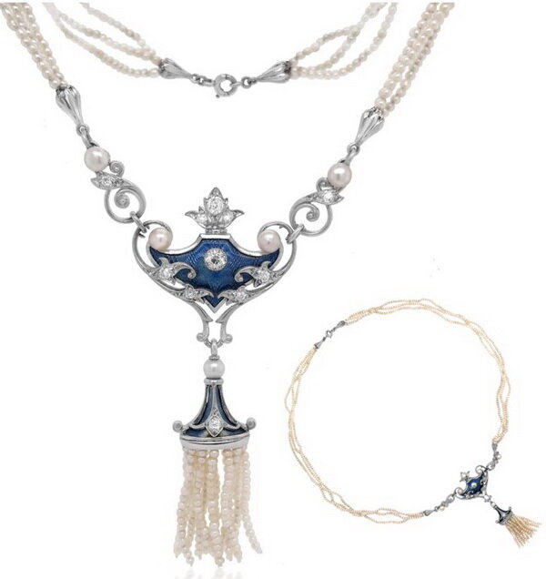 Pearl necklace with shield pendant, gold, diamond, enamel, Whiteside & Blank, circa 1905.