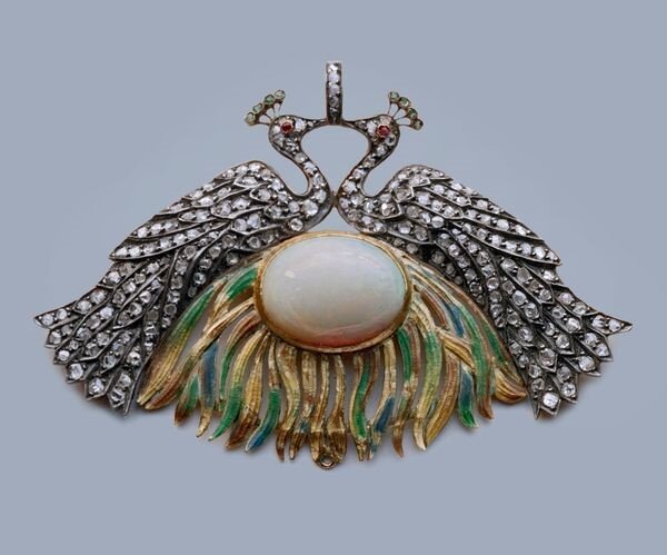 Pendant in silver and gold with enamel, opals, emeralds, rubies and diamonds, René Lalique, circa 1898.