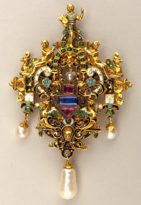 Renaissance gold brooch set with enamel, pearls, rubies and sapphires, Ernesto Pierre, 1875 1890, from the collection of the Cooper Hewitt Museum.