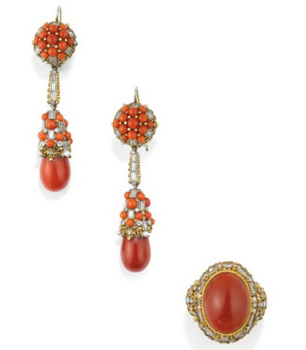 Ring and earrings with coral, carnelian, pearls and diamonds, Elmar Seidler, circa 1950.