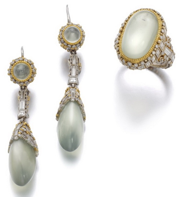 Ring and earrings with moonstone and diamonds, Elmar Seidler, circa 1950.