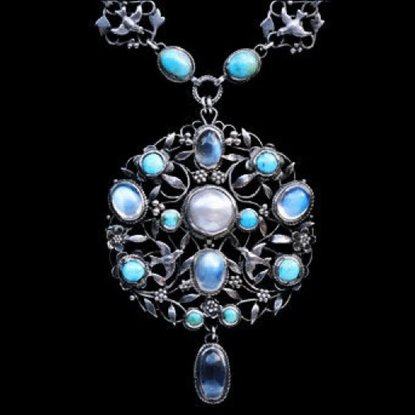 Silver bird necklace moonstone turquoise and pearls Arthur and Georgie Gaskin circa 1914.