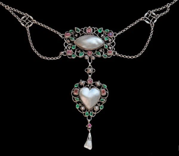 Silver necklace with silver pink tourmaline enamel and pearls Arthur and Georgie Gaskin circa 1910.