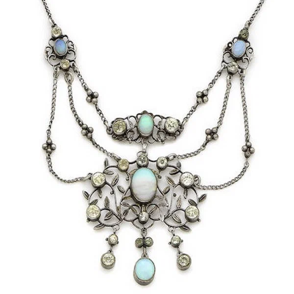 Silver openwork necklace enamel opal Arthur and Georgie Gaskin circa 1905.