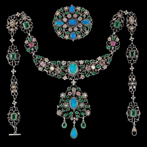Silver set with opal pink tourmaline emeralds and pearls Arthur and Georgie Gaskin circa 1912.