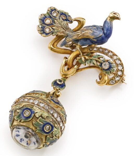 Swiss gold “Peacock” pendant watch, set with enamel and diamonds, circa 1890.