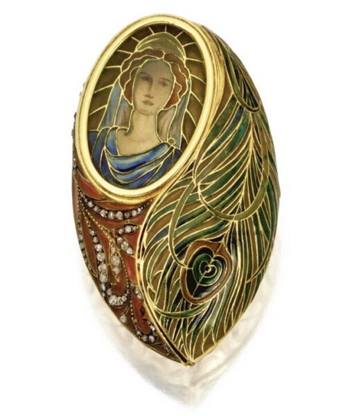 Tablet box in gold with stained glass enamel and diamonds, circa 1900.
