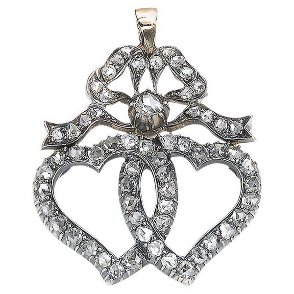 Victorian style Luckenbooth double heart and bow pendant, silver, gold, diamonds, circa 1880. Victorian style Luckenbooth double heart and bow pendant, silver, gold, diamonds, circa 1880.