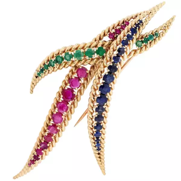 1980s Large Mauboussin Ruby Sapphire Emerald Yellow Gold Brooch.
