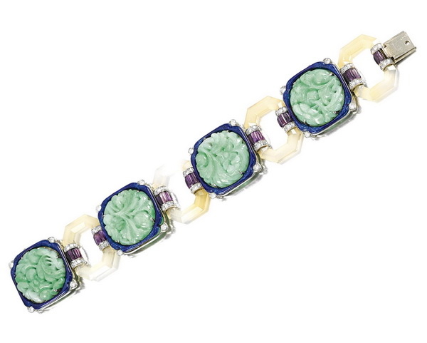 Bracelet with carved jadeite and agate, decorated with enamel, diamonds and amethysts, Mauboussin, circa 1920.