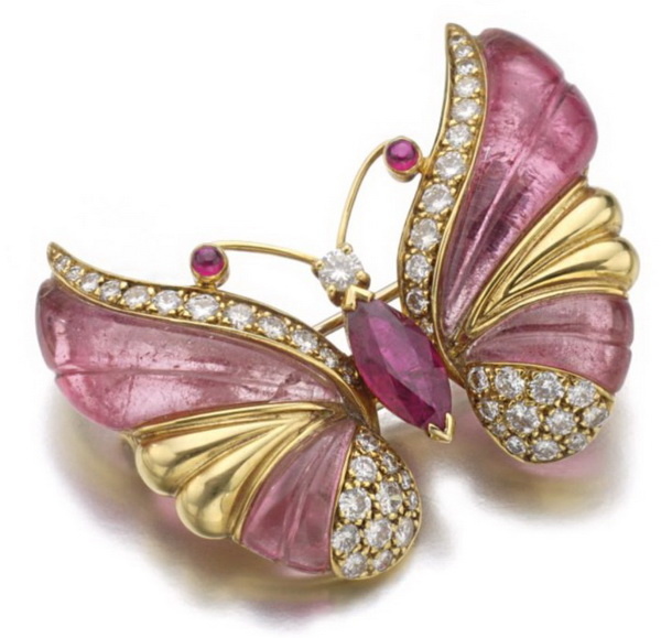 Butterfly brooch with carved pink tourmaline, rubellite and diamonds, Mauboussin.