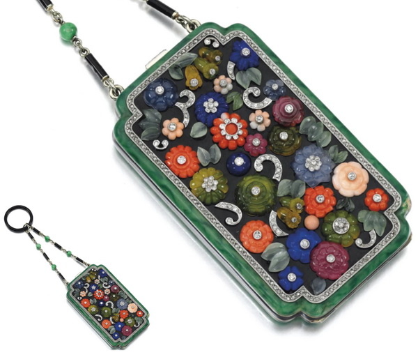 Cosmetic bag decorated with enamel, diamonds, carved flowers and leaves in multi colored chalcedony and coral, jade, lapis lazuli, height 7 cm, Mauboussin, circa 1920.