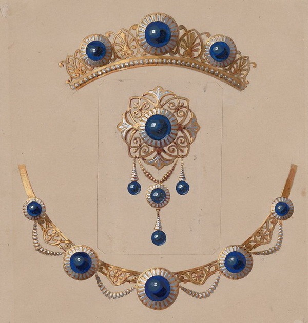 Design of a Second Empire parure in lapis lazuli and enamel, by Alexis Falise, from the collection of the Metropolitan Museum of Art. Design of a Second Empire parure in lapis lazuli and enamel, by Alexis Falise, from the collection of the Metropolitan Museum of Art.