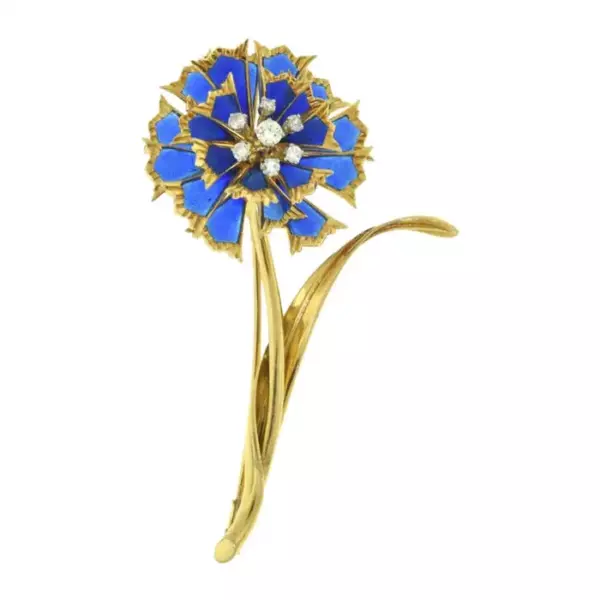 Estate Plique à Jour Blue Enamel and Diamond Gold Long Flower Brooch.