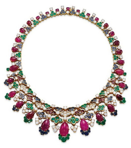 Indian inspired necklace, exhibited at Expo 67 in Montreal, gold, rubies, emeralds, sapphires, diamonds, Mauboussin, 1967.