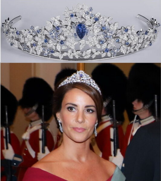 Marie, Princess of Denmark, wearing the “Nuits Claires” (Clear Nights) tiara in white gold with diamonds and sapphires from Mauboussin.