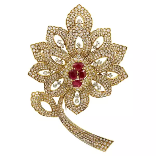 Mauboussin GRS Certified Burma Ruby Diamond Flower Brooch.