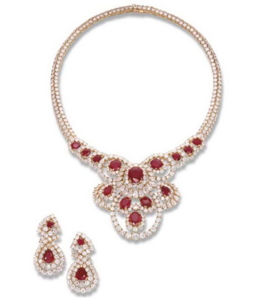 Necklace and earrings in gold with rubies and diamonds, Mauboussin.