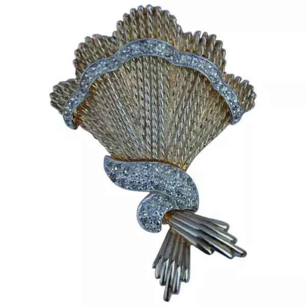 Polcini Detailed Filigree with Rhinestone Gilded Gold Vermeil Brooch.