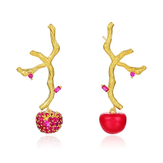 Red Cherry Earrings Cold Enamel and Lab Created Red Corundum.