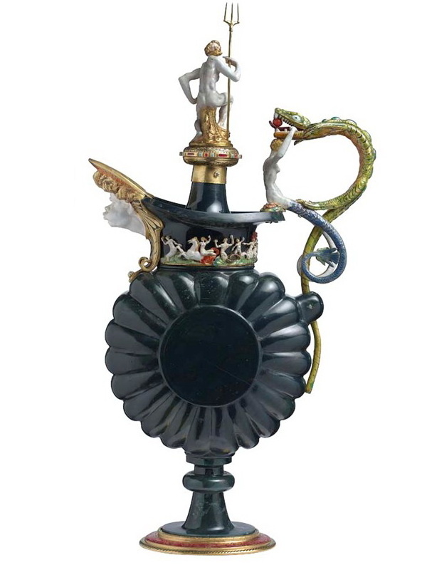 Renaissance style green jasper jug, surmounted by a figurine of Poseidon, Renaissance style green jasper jug, surmounted by a figurine of Poseidon,