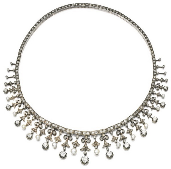 Transformable necklace (choker, tiara, bracelet) made of gold and silver with diamonds and pearls, NOURY, late 19th century.