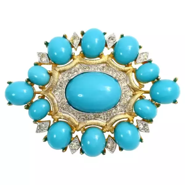 Vintage Polcini Diamante with Faux Turquoise Brooch Circa 1980s.
