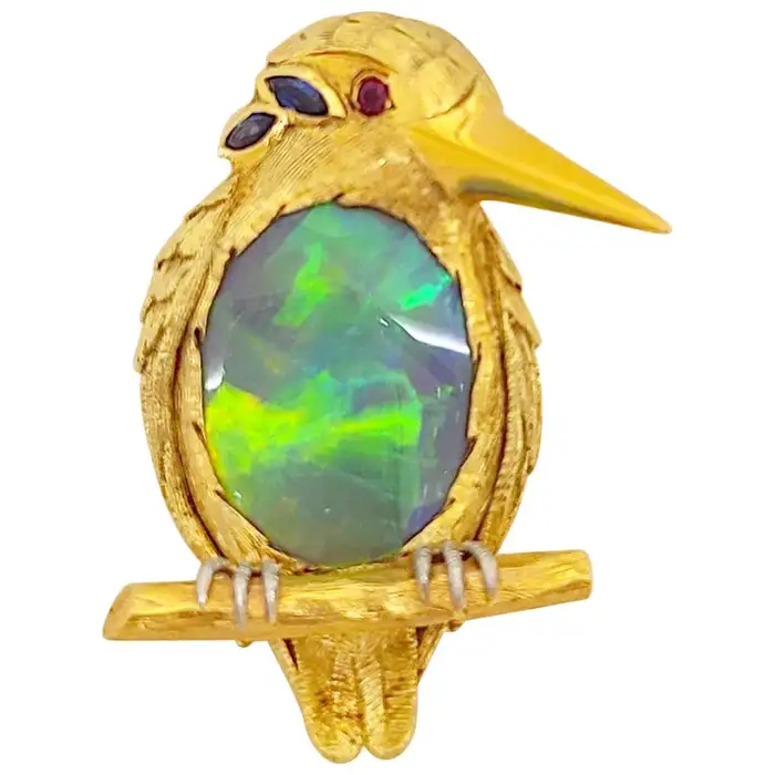 18 Karat Yellow Gold King Puffin Brooch with 12.44 Carat Black Opal Center.