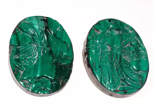 1980s Rebecca Collins Mexican Bird Motif Malachite Earrings.