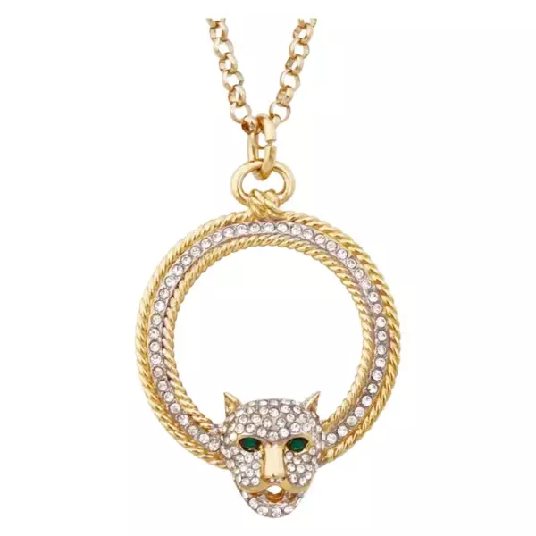 Crystal Pavé Panther Magnifying Glass Pendant Necklace By Jackie Collins, 1980s.