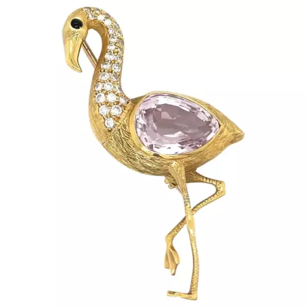 E. Wolfe & Co. 18 KT YG Flamingo Brooch 11.99Ct Kunzite & 0.47Ct Diamonds. E. Wolfe & Co. 18 KT YG Flamingo Brooch 11.99Ct Kunzite & 0.47Ct Diamonds.