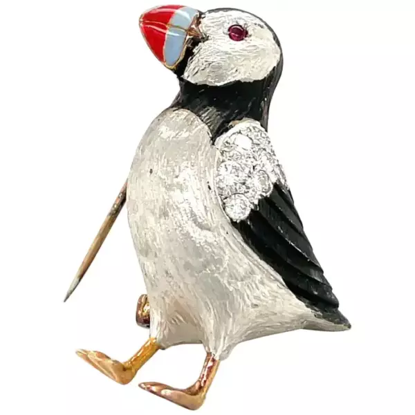 E. Wolfe & Co. 18KT White Gold Diamond 0.35CT Puffin Brooch. E. Wolfe & Co. 18KT White Gold Diamond 0.35CT Puffin Brooch.