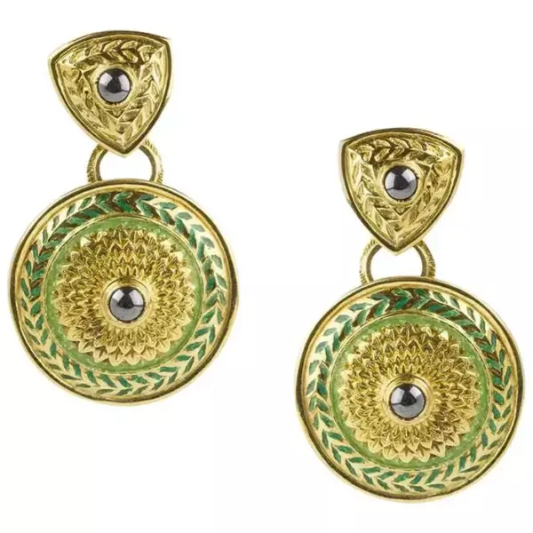Jackie Collins Estate Large Hematite Enamel Gold Ear Pendants.
