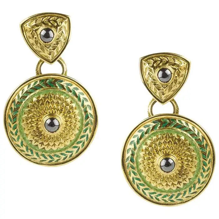 Jackie Collins Estate Large Hematite Enamel Gold Ear Pendants.