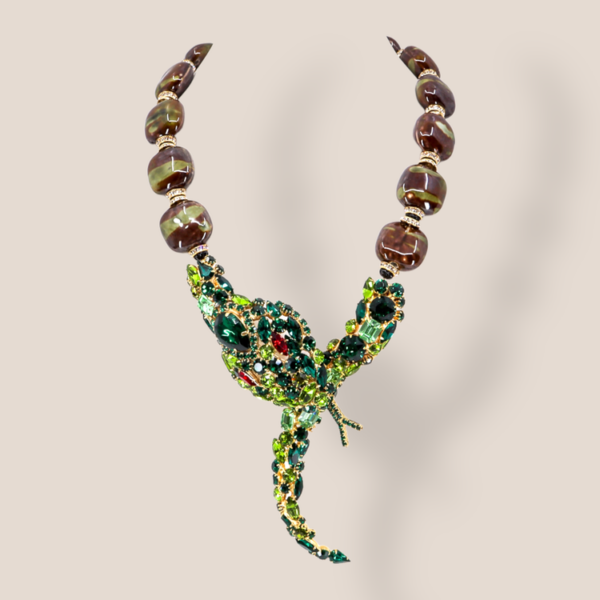 Moans Couture, Emerald Art Glass, Green Serpent Necklace.