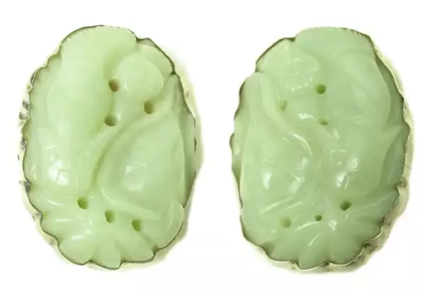 Rebecca Collins Large Carved Jade and Sterling Earrings.