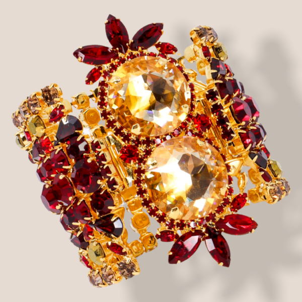 Red and Gold, Crystal and Glass Cabochon Bracelet.