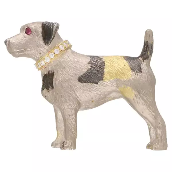 Ruby and Diamond Jack Russell Terrier Pin Brooch in 18k White Gold. Ruby and Diamond Jack Russell Terrier Pin Brooch in 18k White Gold.