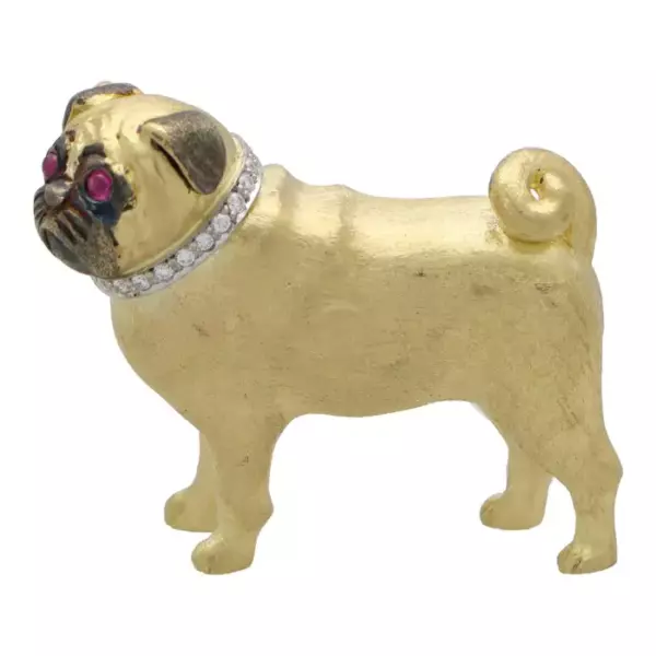 Ruby and Diamond Pug Pin Brooch Set in 18k Yellow Gold. Ruby and Diamond Pug Pin Brooch Set in 18k Yellow Gold.