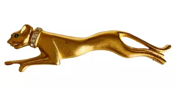 Signed Jackie Collins Gold Rhinestone Leaping Panther Exotic Cat Brooch Pin.