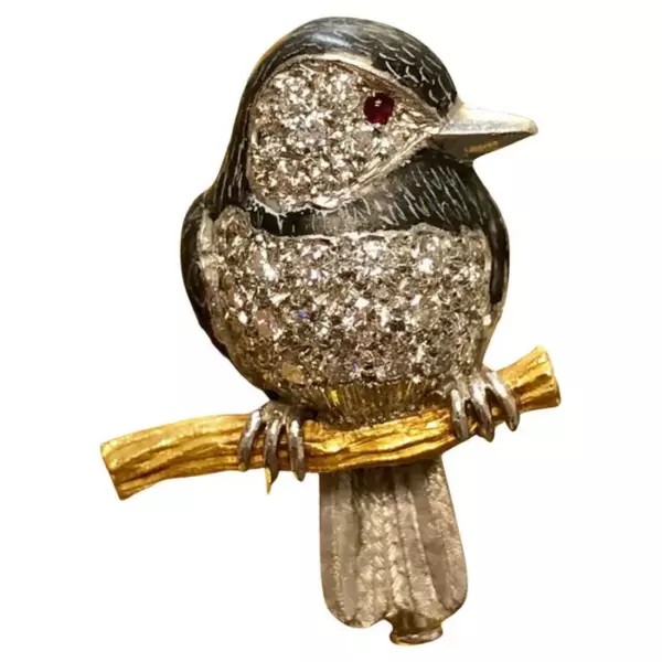 Vintage Edward Wolfe 18K & Enamel Diamond Ruby Humming Bird Brooch. Vintage Edward Wolfe 18K & Enamel Diamond Ruby Humming Bird Brooch.