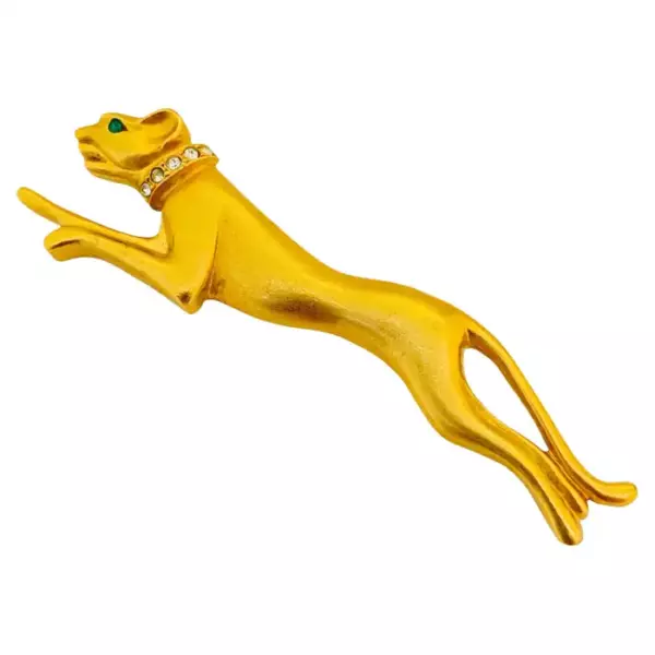 Vintage JACKIE COLLINS satin gold panther emerald eyes designer runway brooch.