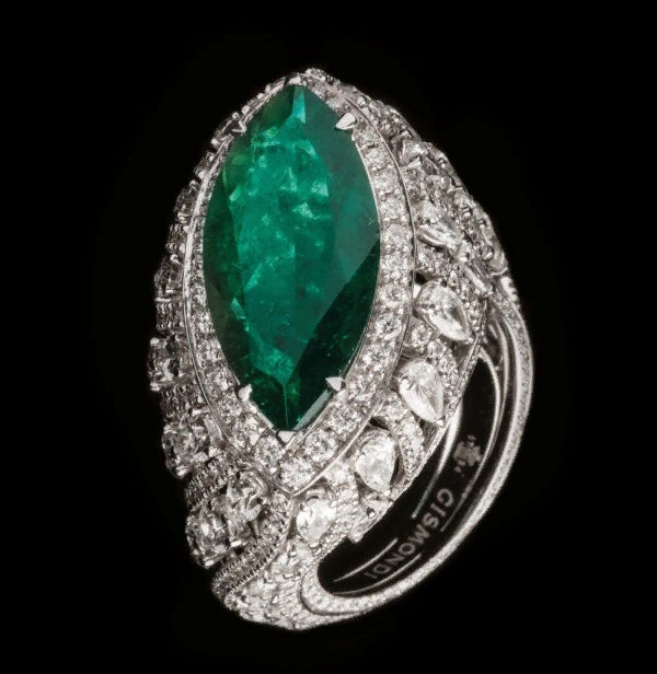 18 carat white gold ring with a 5.18 carat marquise cut Colombian emerald,.