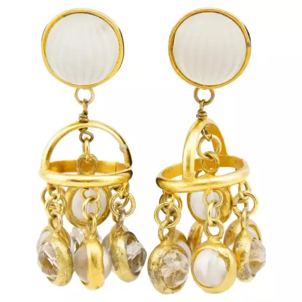1970s Paco Rabanne Frosted Glass Gilt Metal Pendant Earrings.