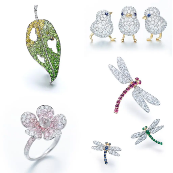 A set of animalistic and plant brooches.