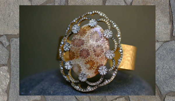 Bracelet for Snow White's mother. Twenty two karat gold, diamonds and petrified wood.