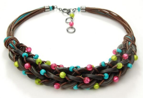 Braided leather necklace with bright bead inserts.