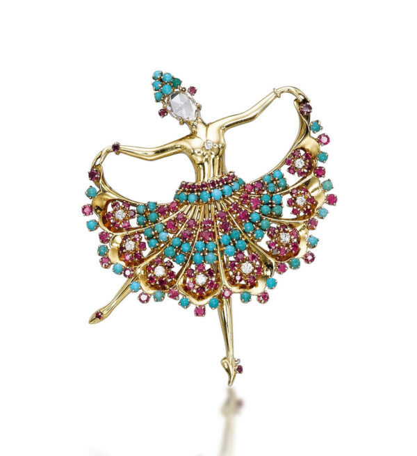 Brooch with turquoise and rubies.